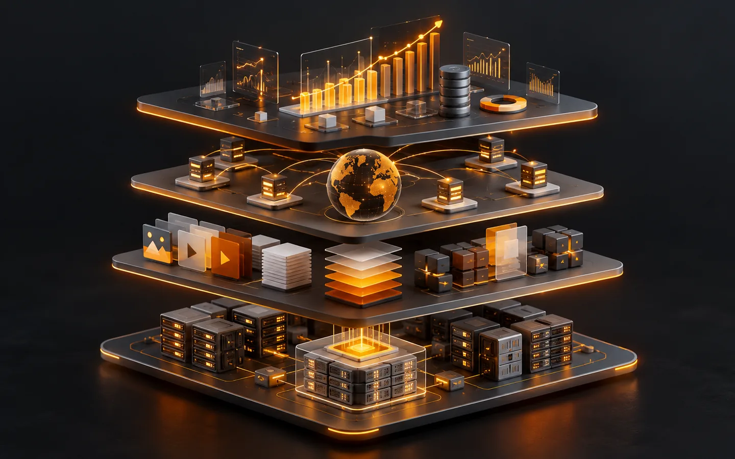 Four-layer digital platform stack with infrastructure, content, global services and analytics
