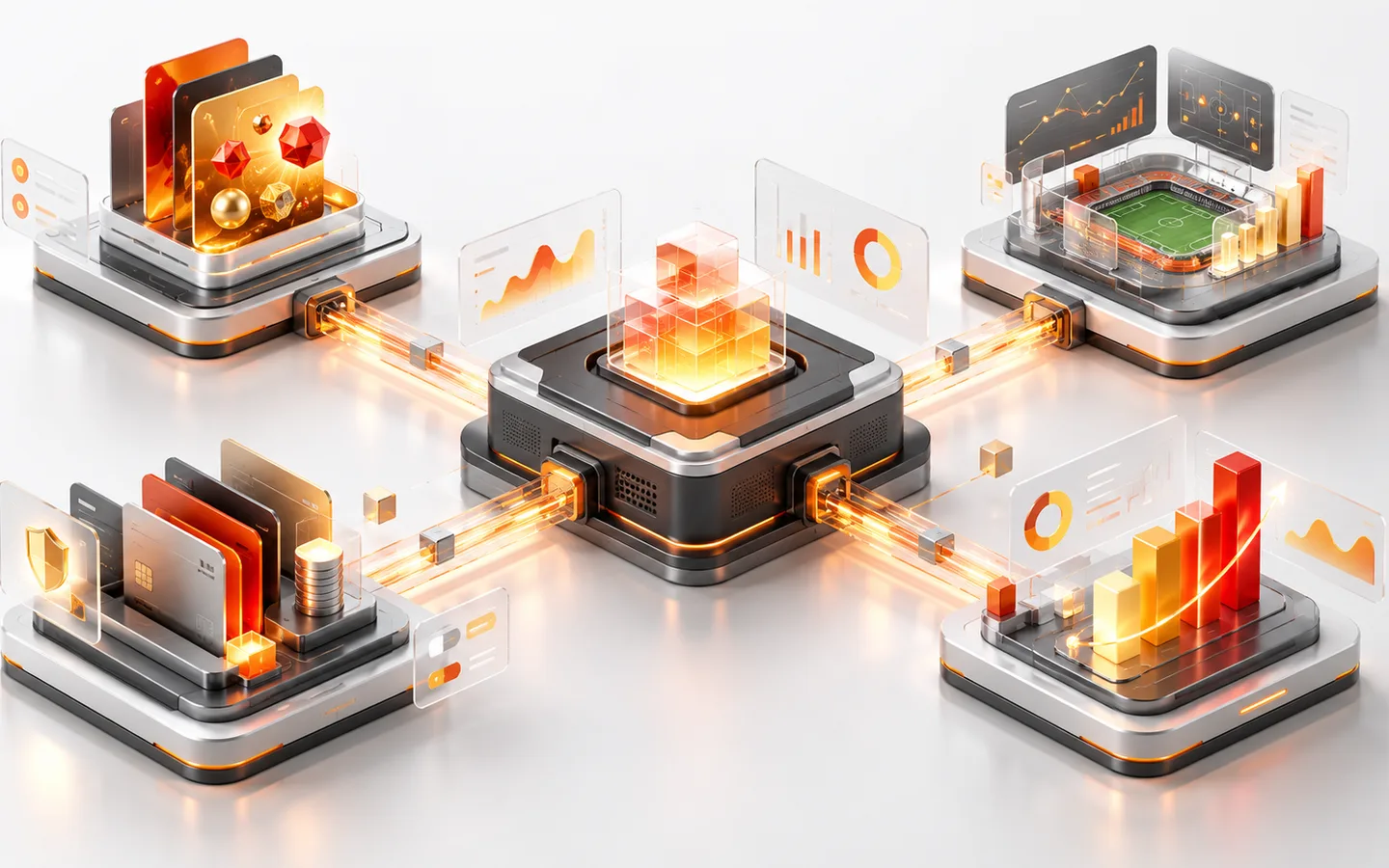 Isometric platform hub connecting content, sportsbook, payments and analytics modules